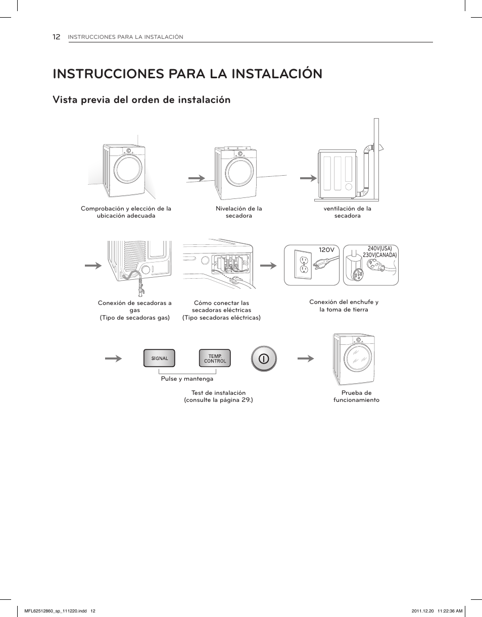 Instrucciones para la instalación, Vista previa del orden de instalación | LG DLEX3070R User Manual | Page 58 / 96
