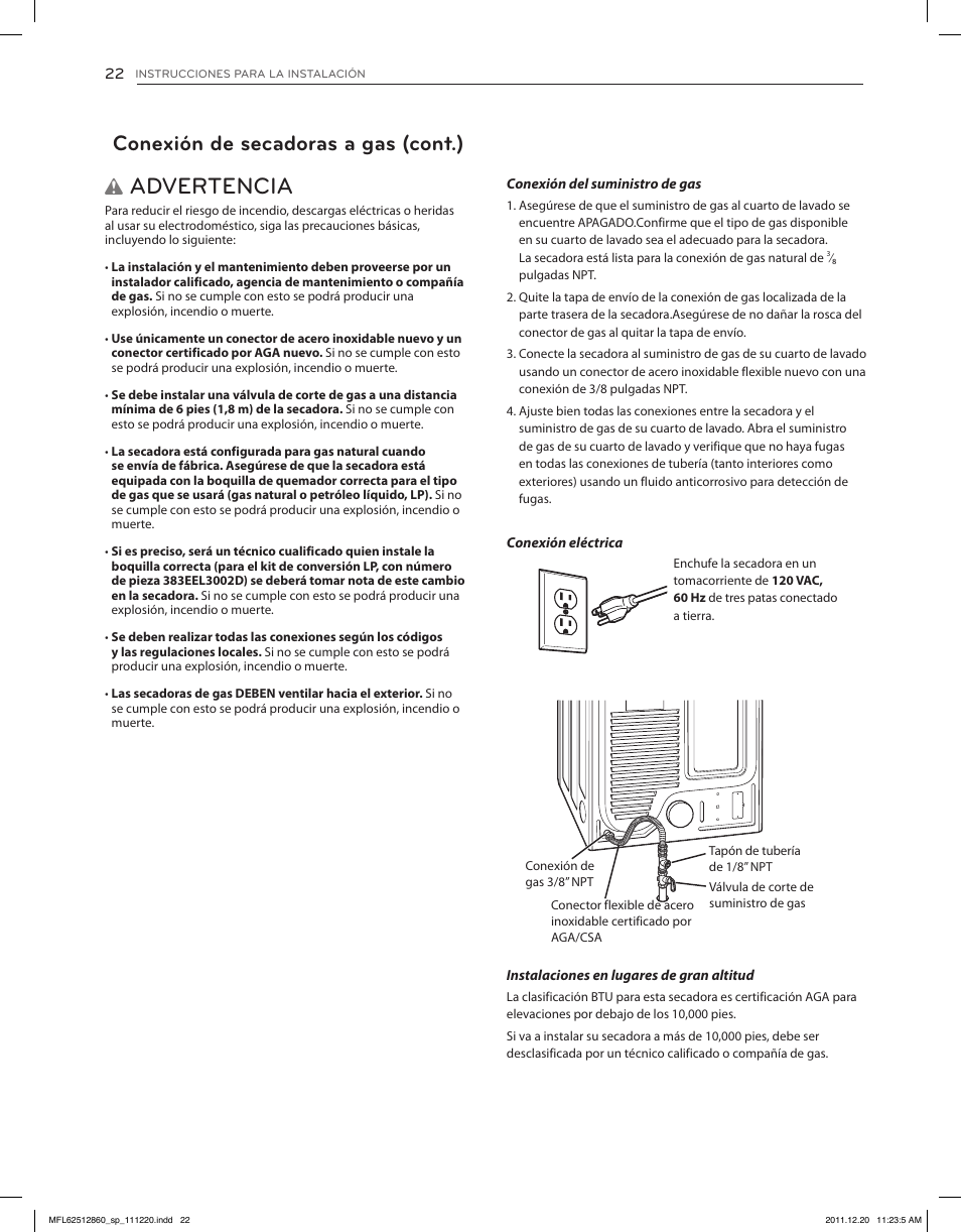 Advertencia, Conexión de secadoras a gas (cont.) | LG DLEX3070R User Manual | Page 68 / 96