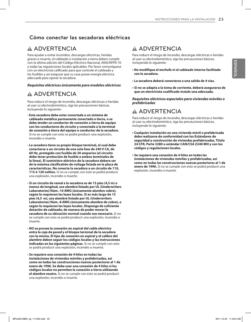 Advertencia, Cómo conectar las secadoras eléctricas | LG DLEX3070R User Manual | Page 69 / 96