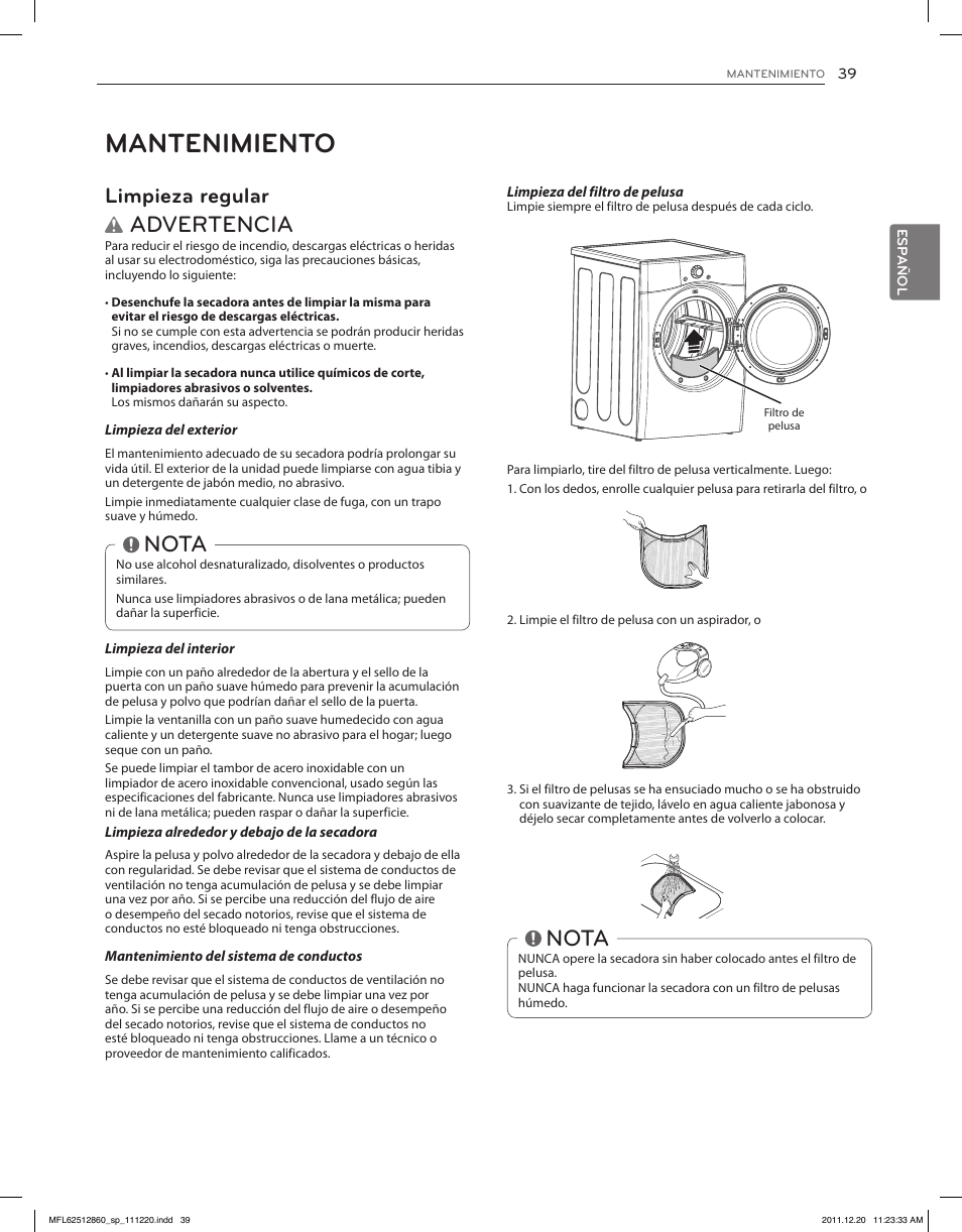 Mantenimiento, Advertencia, Nota | Limpieza regular | LG DLEX3070R User Manual | Page 85 / 96