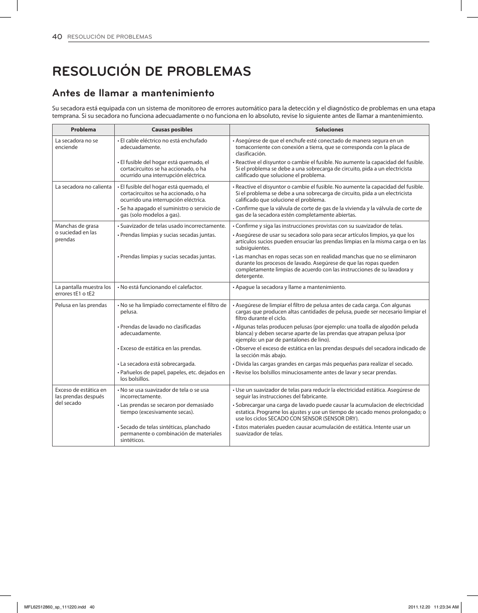 Resolución de problemas, Antes de llamar a mantenimiento | LG DLEX3070R User Manual | Page 86 / 96