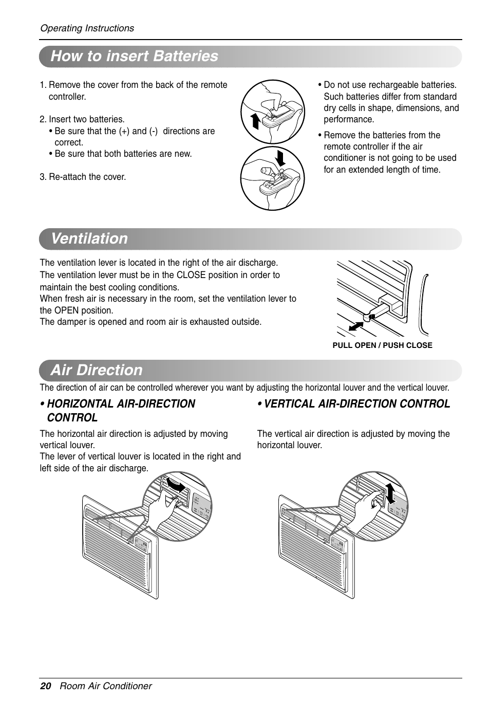 Ventilation air direction, How to insert batteries | LG LT081CNR User Manual | Page 20 / 47