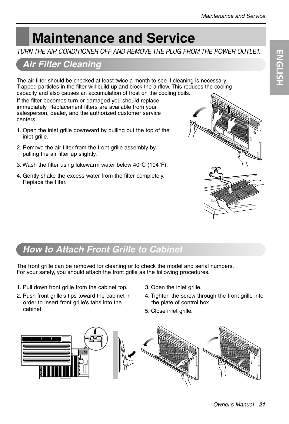 Maintenance and service, English | LG LT081CNR User Manual | Page 21 / 47