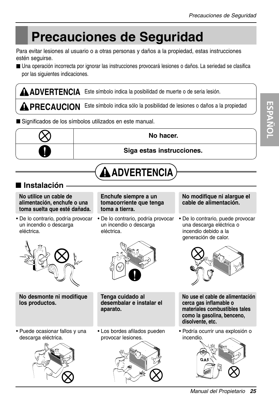 Precauciones de seguridad, Advertencia, Esp añol | Advertencia precaucion, Instalación | LG LT081CNR User Manual | Page 25 / 47