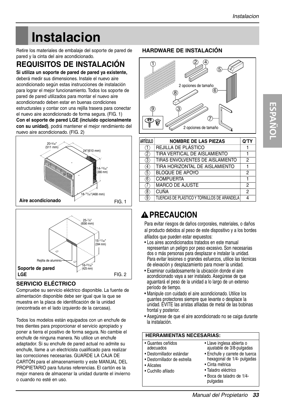 Instalacion, Esp añol, Requisitos de instalación | LG LT081CNR User Manual | Page 33 / 47