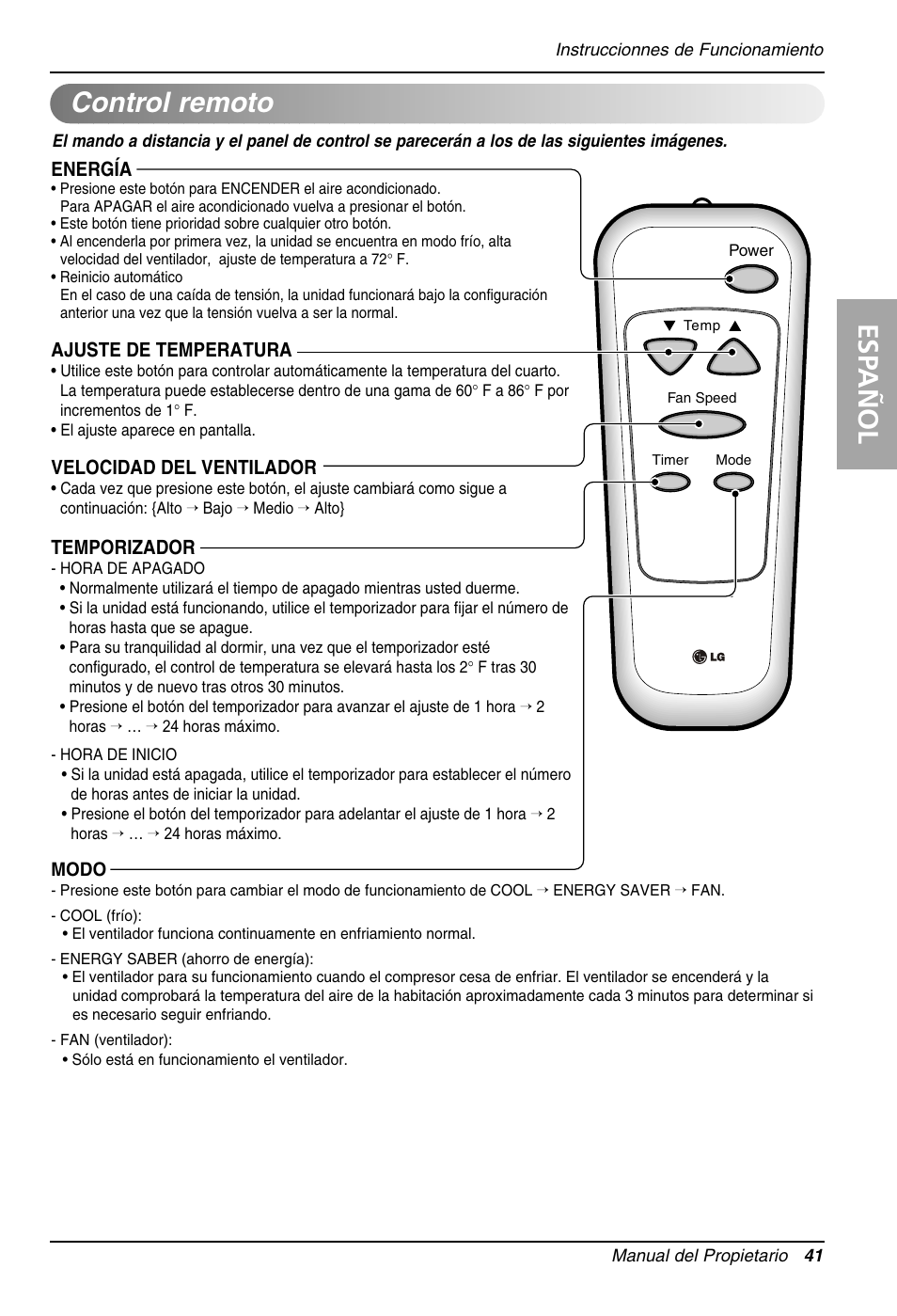 Esp añol, Control remoto, Energía | Ajuste de temperatura, Velocidad del ventilador, Temporizador | LG LT081CNR User Manual | Page 41 / 47