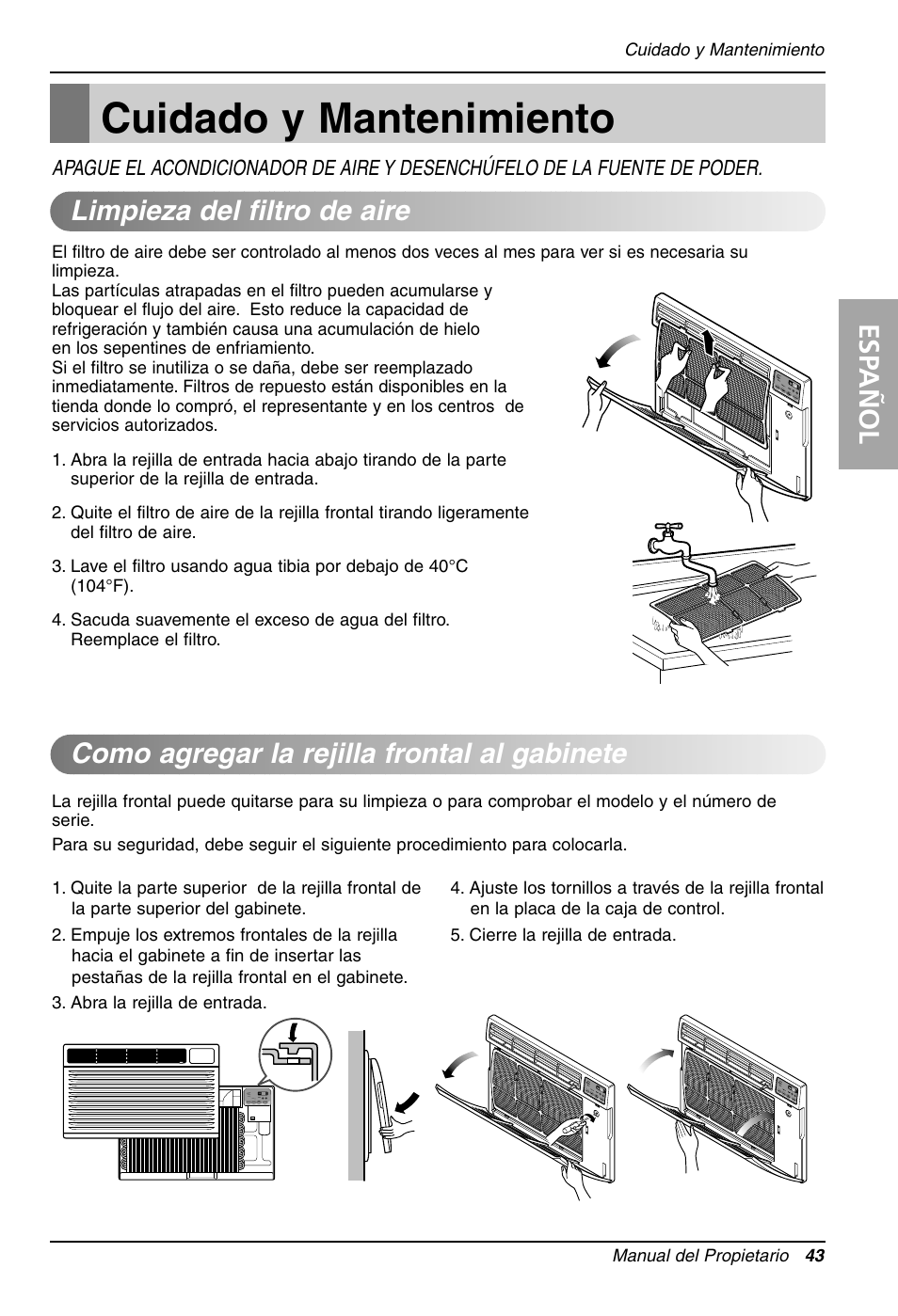 Cuidado y mantenimiento, Esp añol | LG LT081CNR User Manual | Page 43 / 47