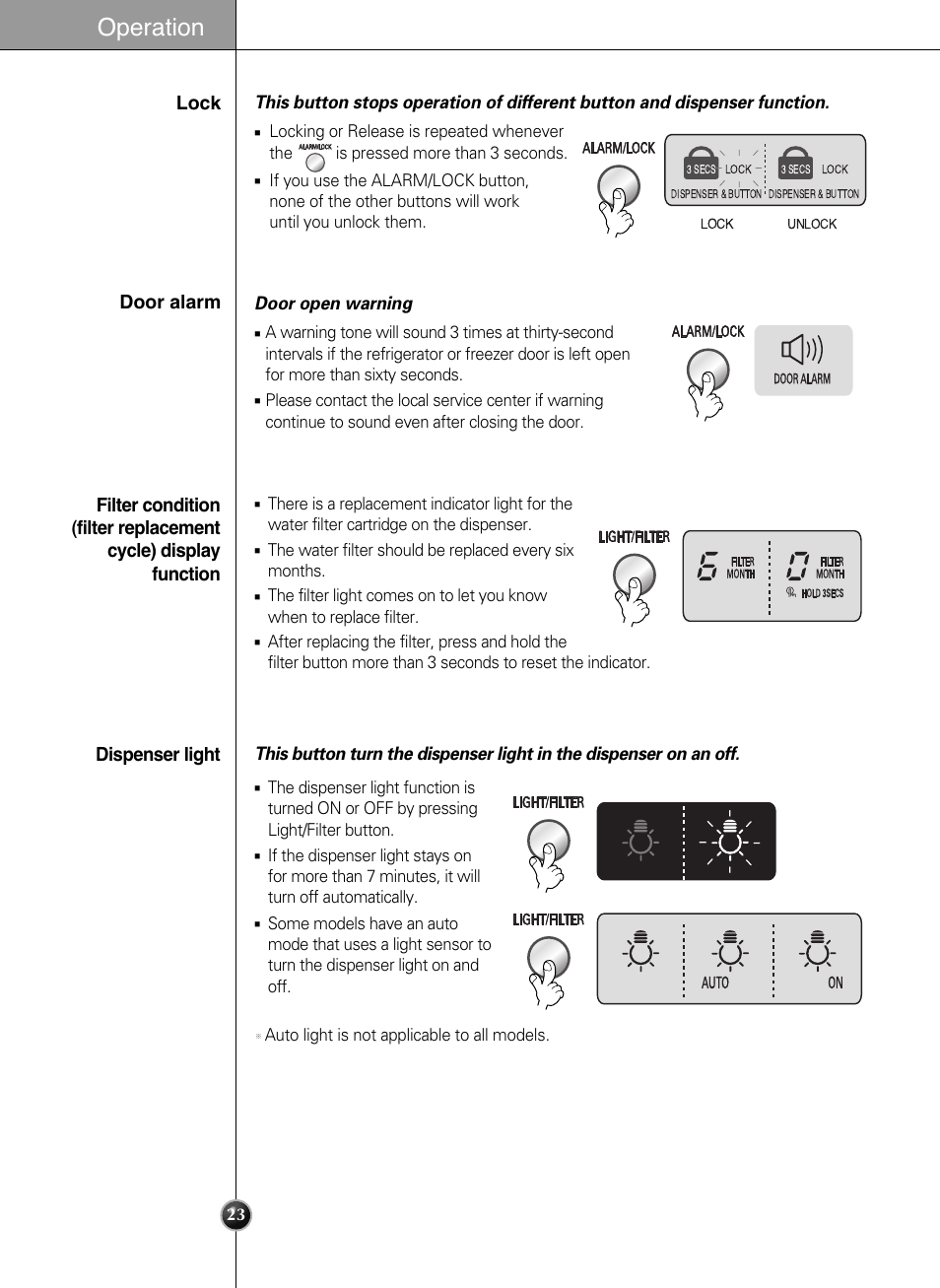 Operation, Lock, Door alarm | Dispenser light | LG LSC21943ST User Manual | Page 23 / 39