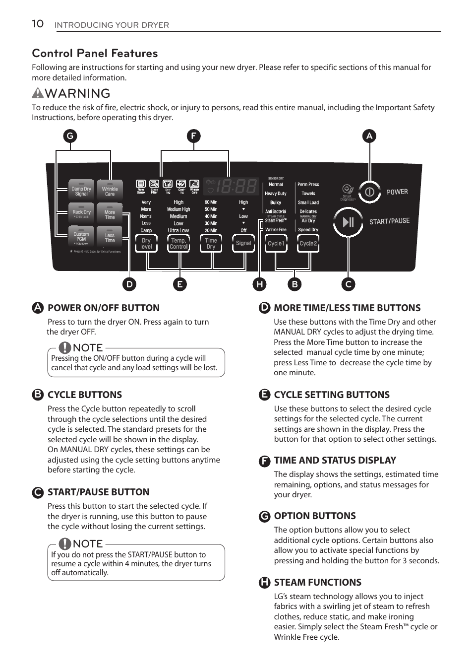 Wwarning, Control panel features | LG DLGY1702V User Manual | Page 10 / 84