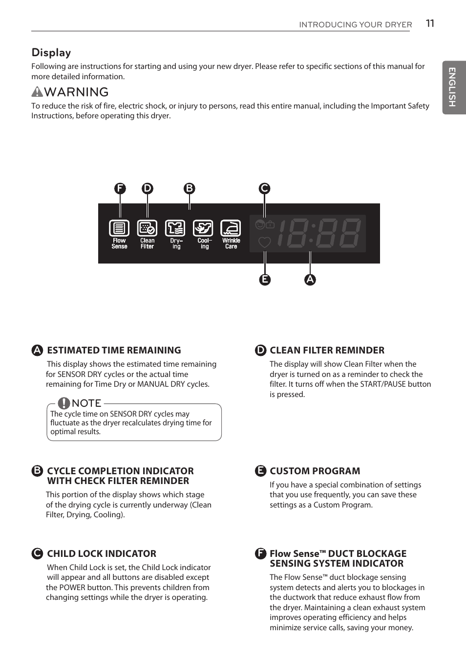 Wwarning, Display | LG DLGY1702V User Manual | Page 11 / 84