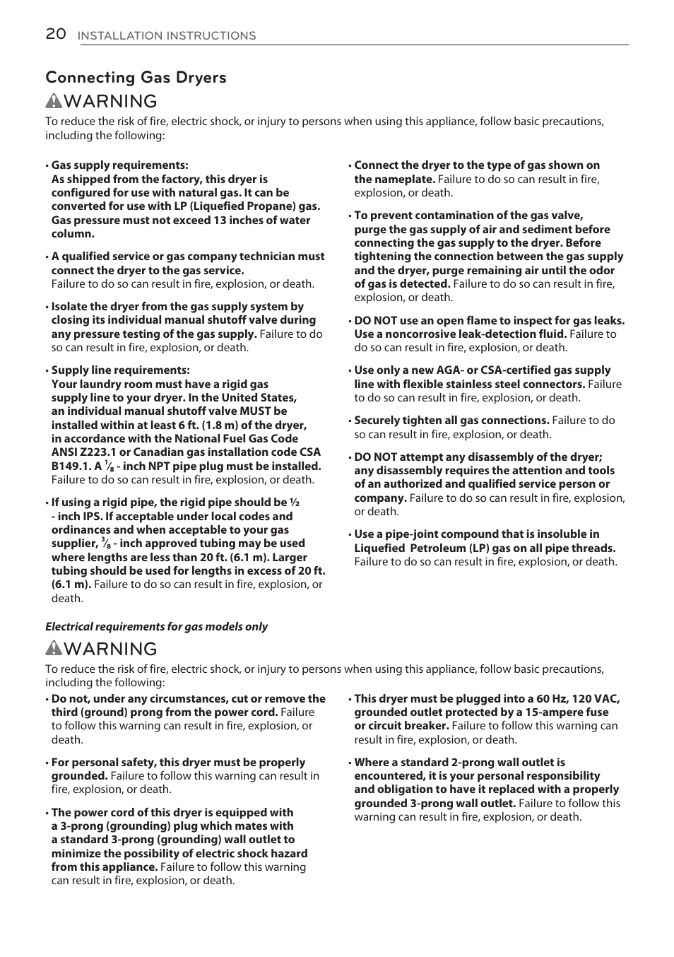 Wwarning, Connecting gas dryers | LG DLGY1702V User Manual | Page 20 / 84