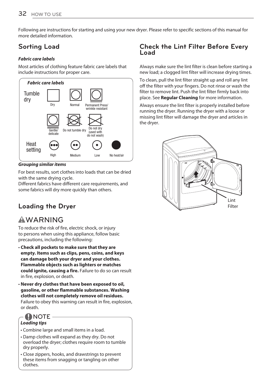 Wwarning, Check the lint filter before every load, Sorting load | Loading the dryer | LG DLGY1702V User Manual | Page 32 / 84