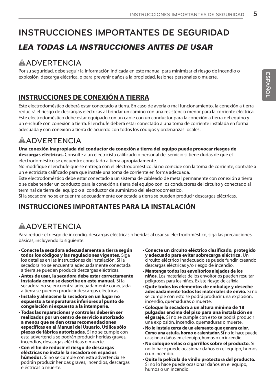 Instrucciones importantes de seguridad, Wadvertencia, Lea todas la instrucciones antes de usar | LG DLGY1702V User Manual | Page 45 / 84