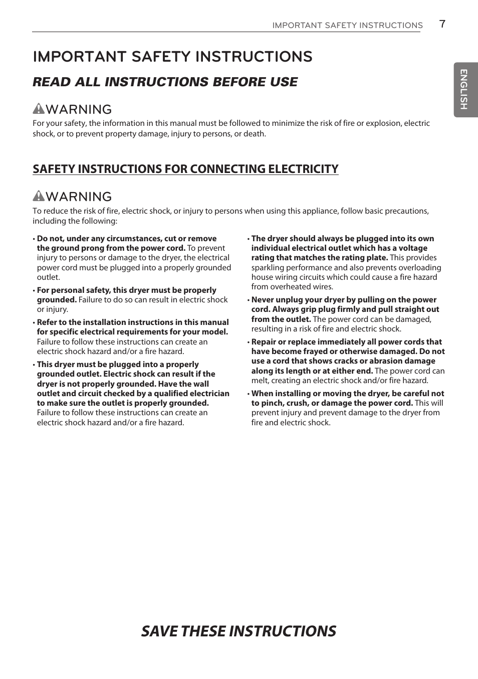 Important safety instructions, Wwarning, Read all instructions before use | LG DLGY1702V User Manual | Page 7 / 84