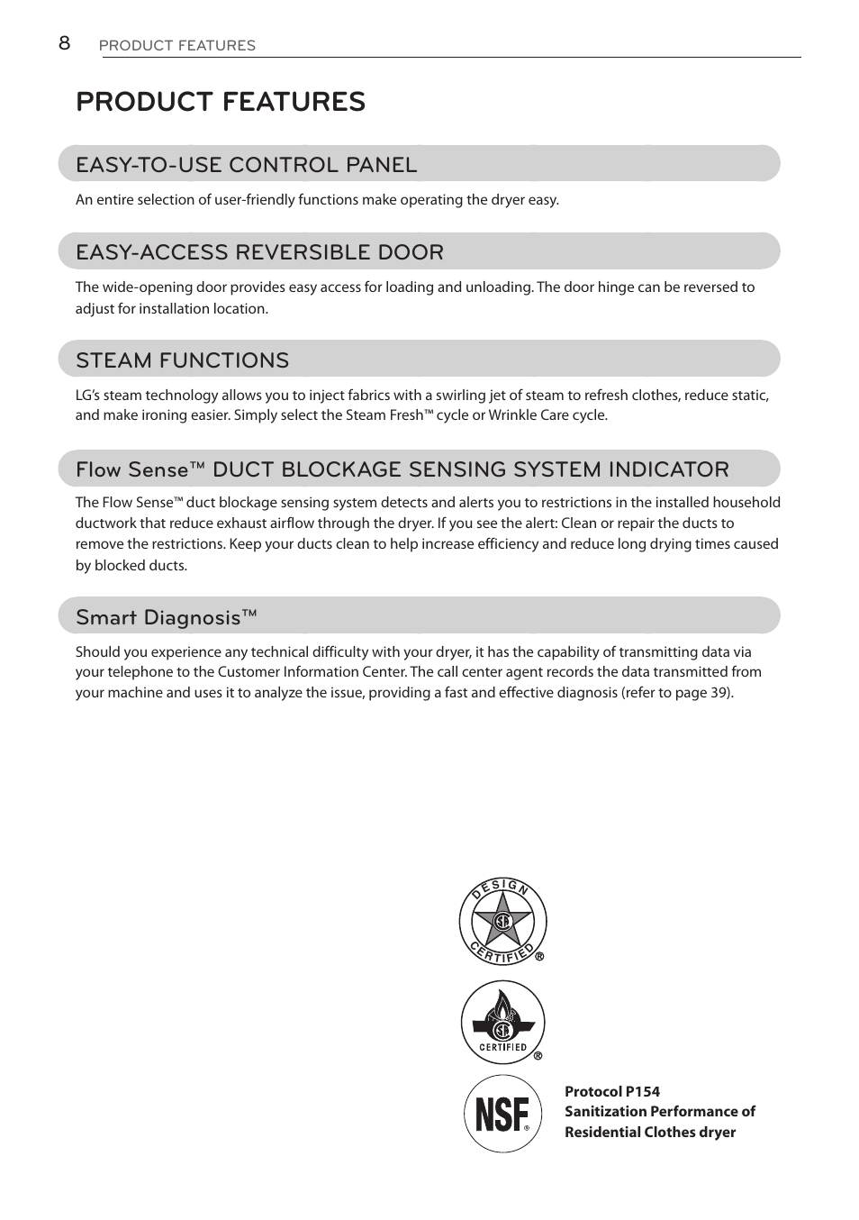 Product features, Easy-to-use control panel, Easy-access reversible door | Steam functions, Flow sense™ duct blockage sensing system indicator, Smart diagnosis | LG DLGY1702V User Manual | Page 8 / 84