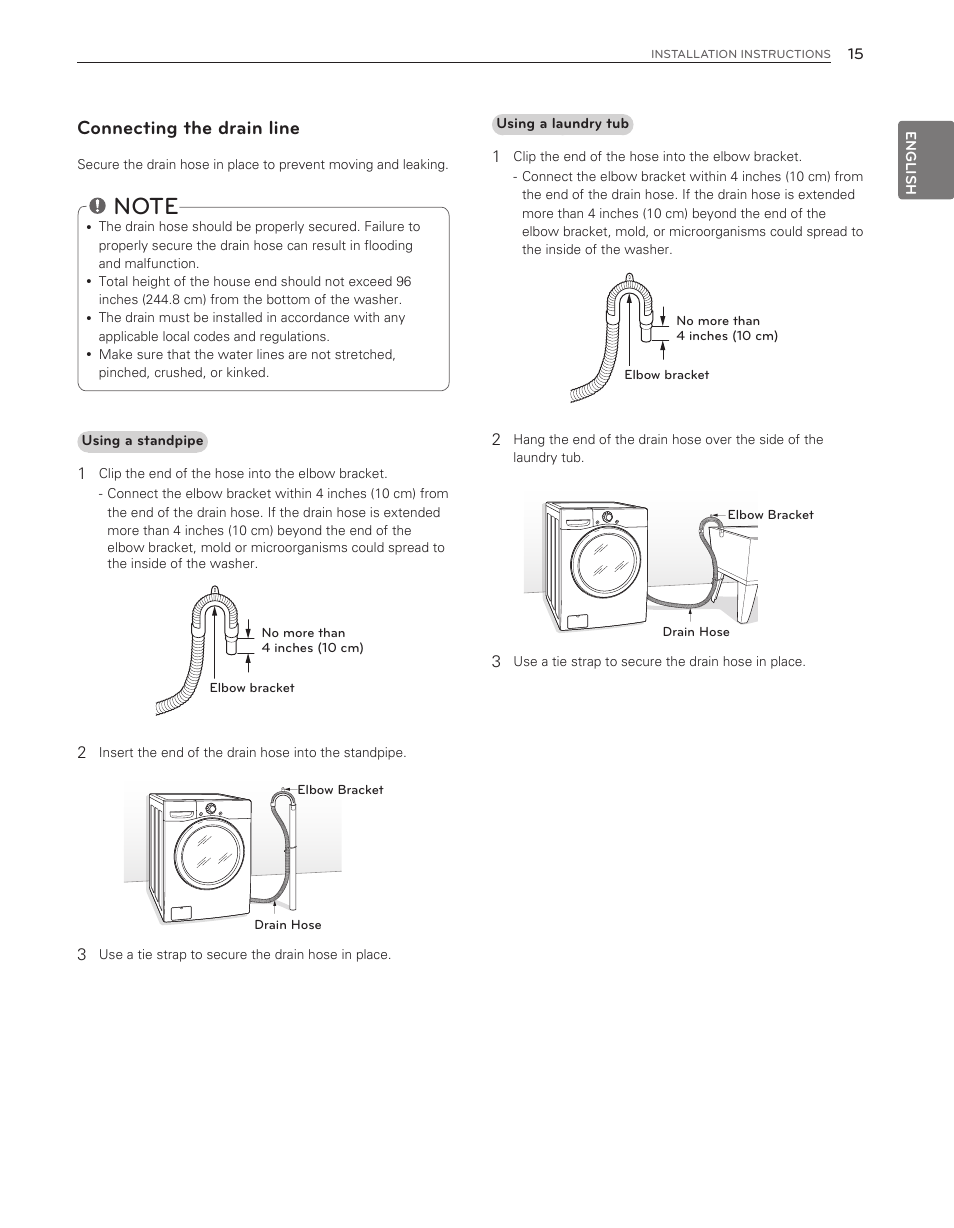 Connecting the drain line | LG WM3650HVA User Manual | Page 15 / 80