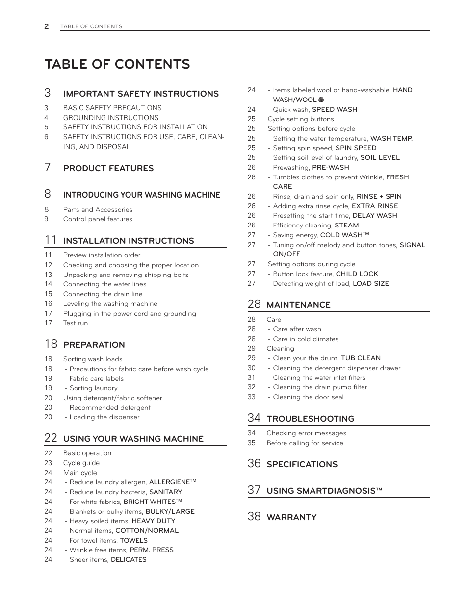LG WM3650HVA User Manual | Page 2 / 80