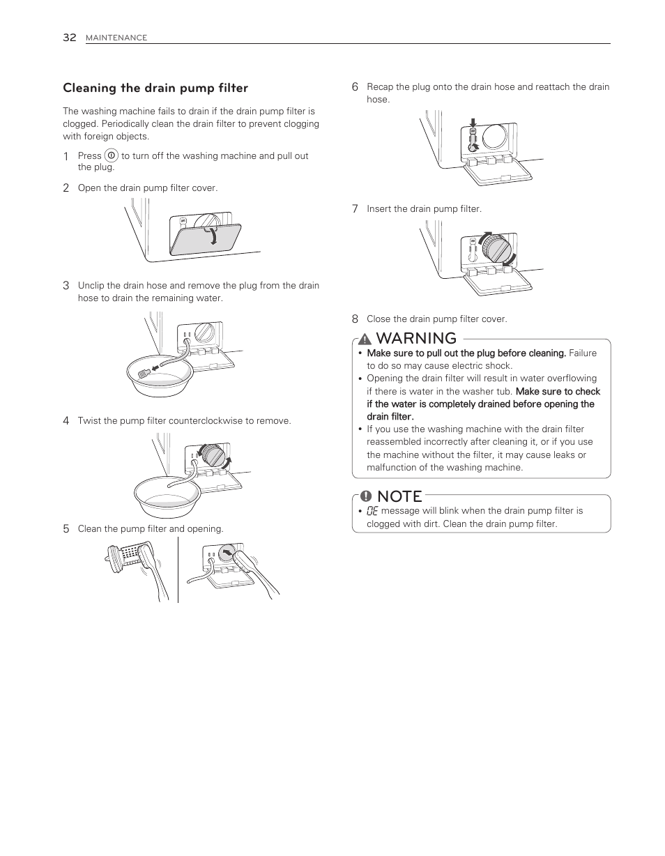 Warning, Cleaning the drain pump filter | LG WM3650HVA User Manual | Page 32 / 80