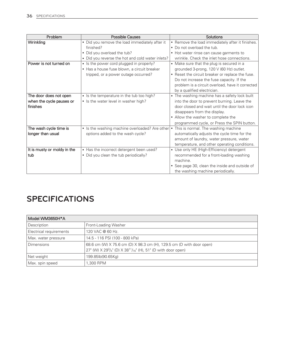 Specifications | LG WM3650HVA User Manual | Page 36 / 80