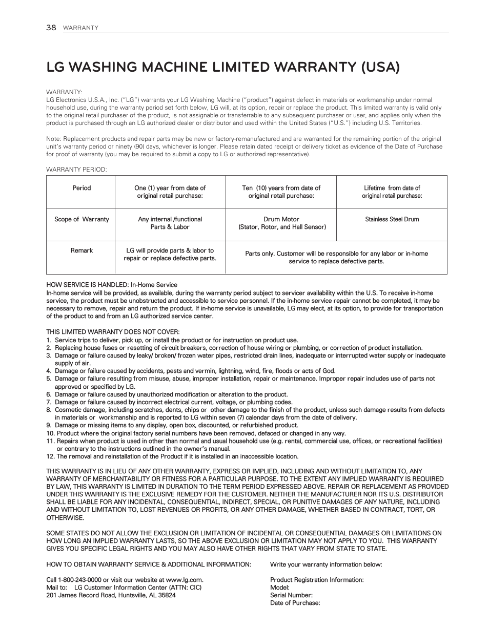 Lg washing machine limited warranty (usa) | LG WM3650HVA User Manual | Page 38 / 80