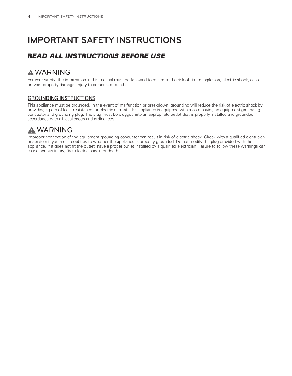 Important safety instructions, Warning, Read all instructions before use | LG WM3650HVA User Manual | Page 4 / 80