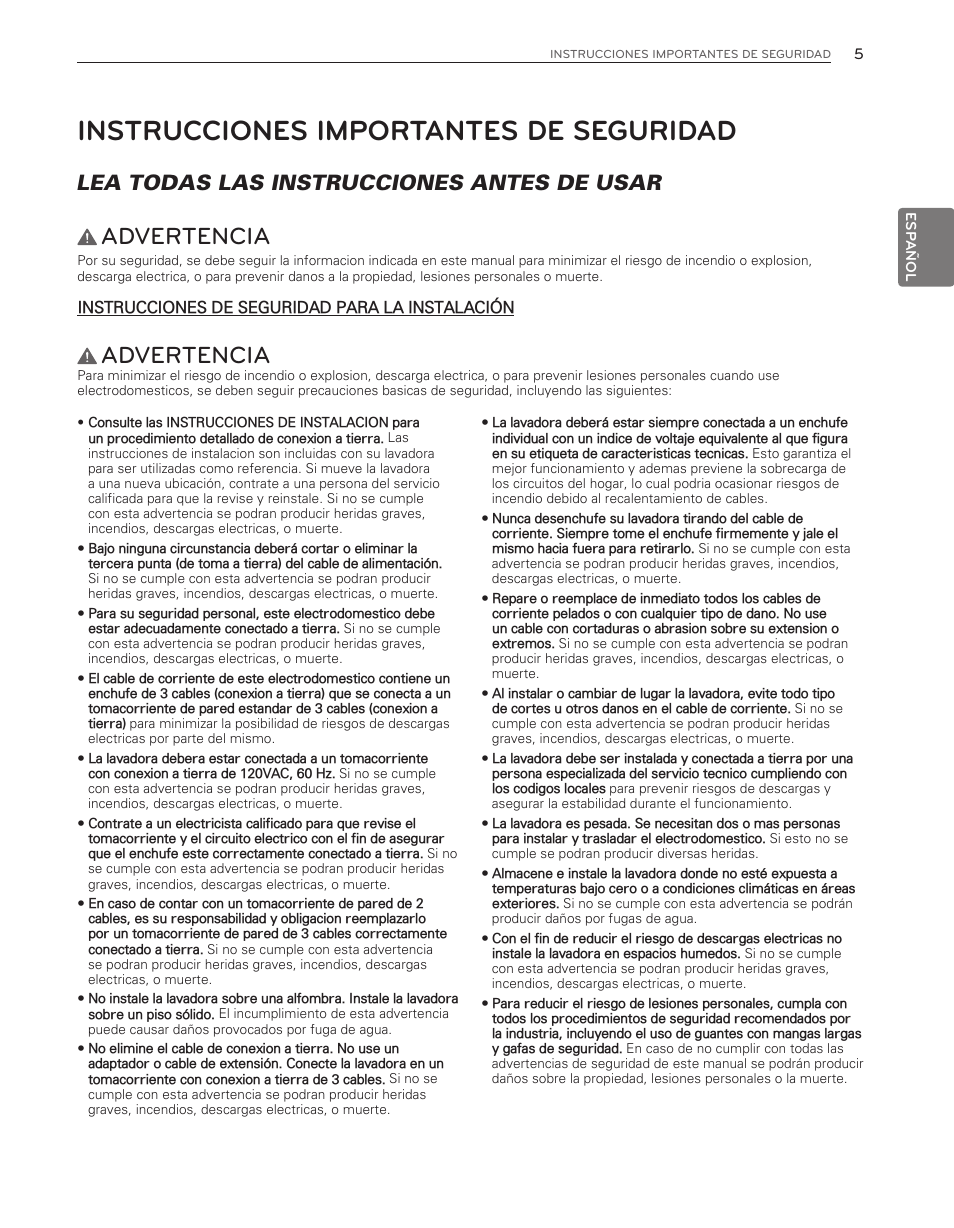 Instrucciones importantes de seguridad, Advertencia, Lea todas las instrucciones antes de usar | LG WM3650HVA User Manual | Page 45 / 80