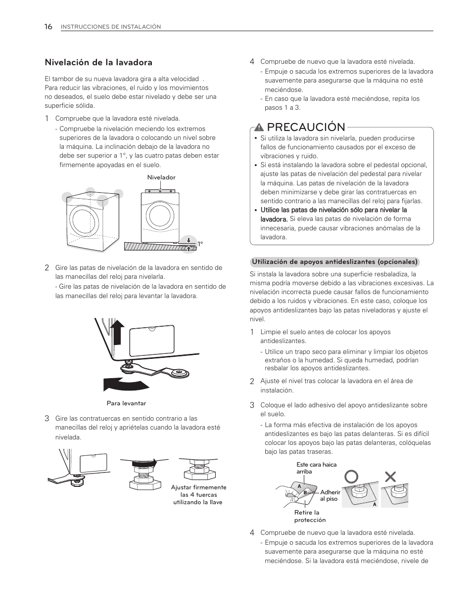 Precaución, Nivelación de la lavadora | LG WM3650HVA User Manual | Page 56 / 80