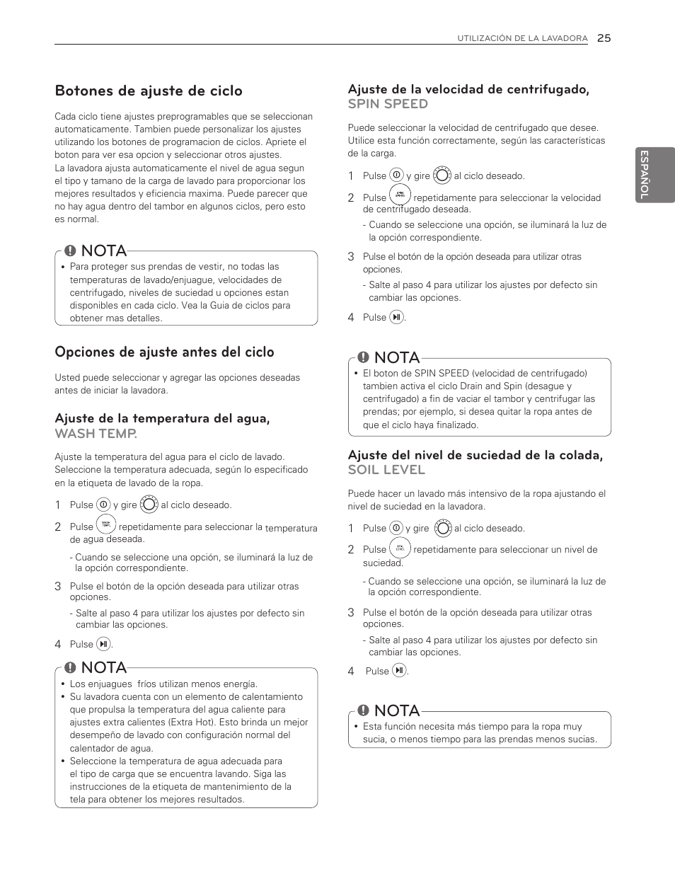 Nota, Botones de ajuste de ciclo, Opciones de ajuste antes del ciclo | Ajuste de la temperatura del agua, wash temp, Ajuste de la velocidad de centrifugado, spin speed | LG WM3650HVA User Manual | Page 65 / 80