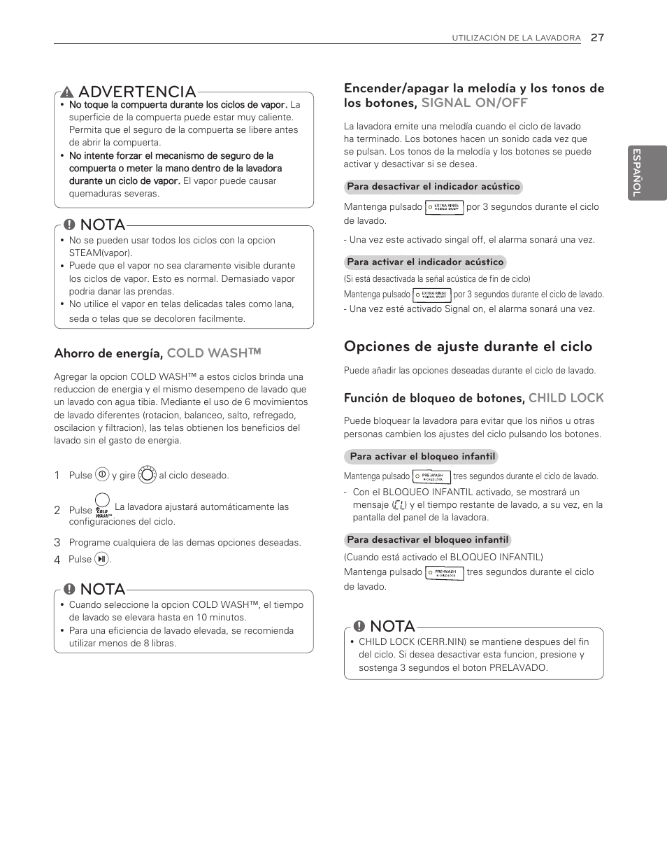Advertencia, Nota, Opciones de ajuste durante el ciclo | Ahorro de energía, cold wash, Función de bloqueo de botones, child lock | LG WM3650HVA User Manual | Page 67 / 80