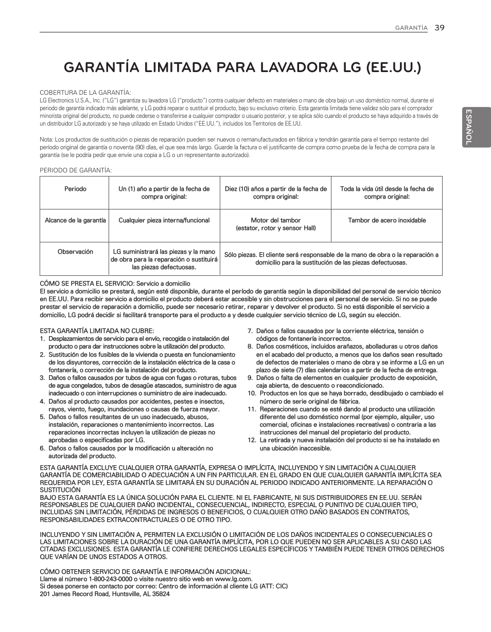 Garantía limitada para lavadora lg (ee.uu.) | LG WM3650HVA User Manual | Page 79 / 80
