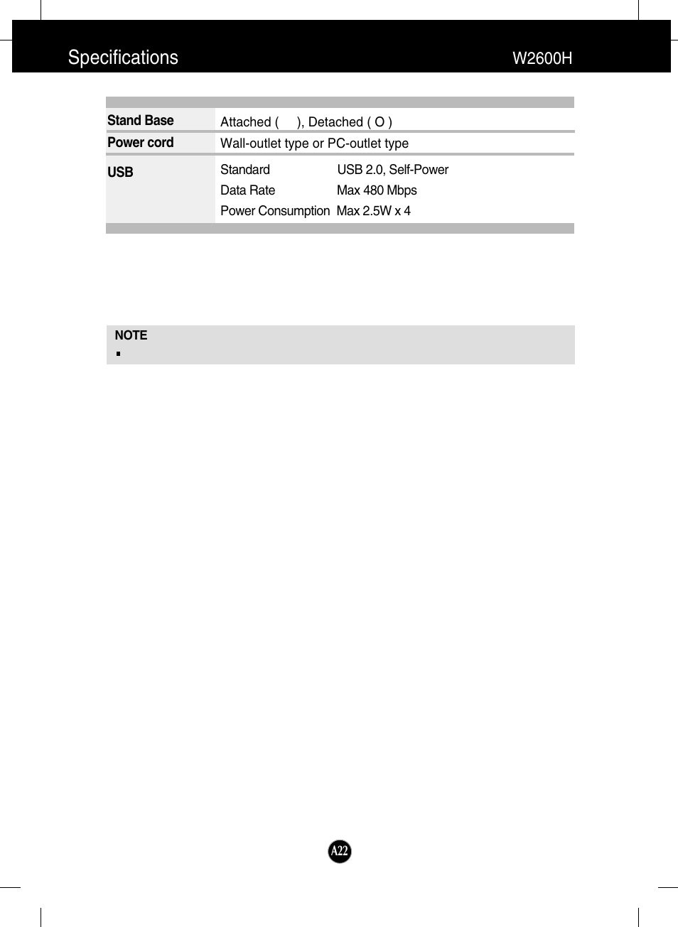 Specifications, W2600h | LG W2600H-PF User Manual | Page 23 / 28