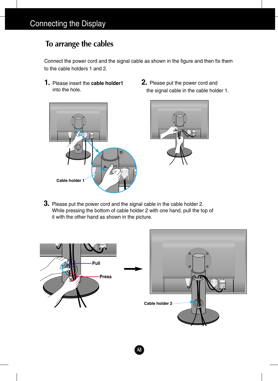 To arrange the cables, Connecting the display to arrange the cables | LG W2600H-PF User Manual | Page 9 / 28