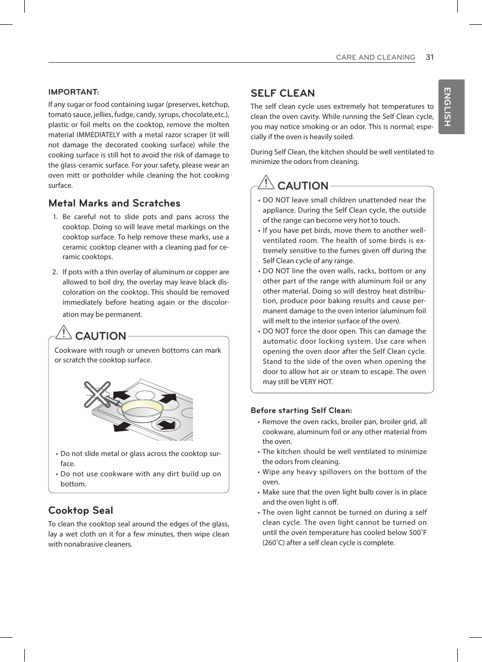 Caution, Self clean, Metal marks and scratches | Cooktop seal | LG LRE3025ST User Manual | Page 31 / 88