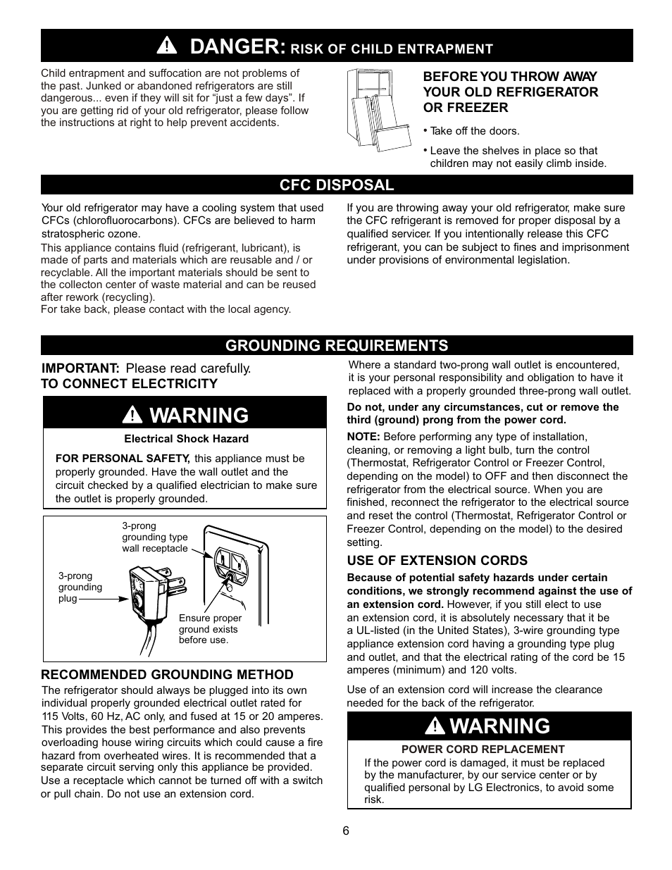 Warning, Danger, Cfc disposal grounding requirements | LG LRFC22750TT User Manual | Page 6 / 35