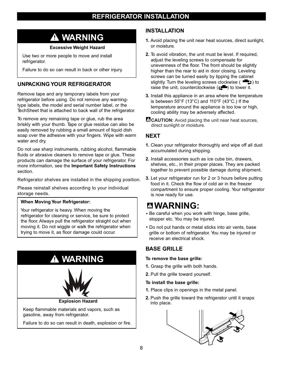 Warning, Refrigerator installation | LG LRFC22750TT User Manual | Page 8 / 35