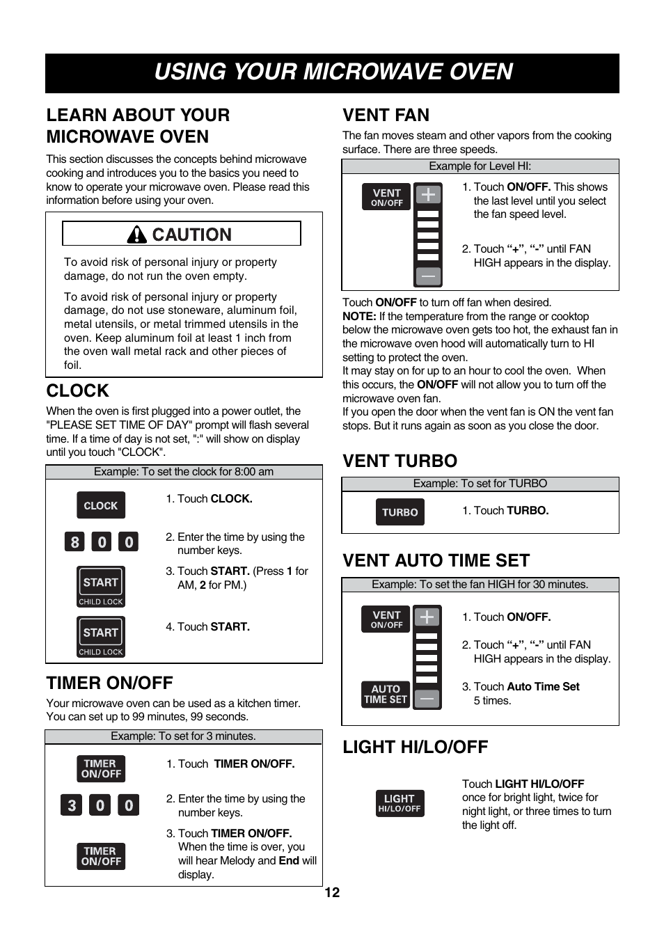 Using your microwave oven, Learn about your microwave oven, Clock | Vent fan vent turbo, Timer on/off, Vent auto time set, Light hi/lo/off | LG LMVM2277ST User Manual | Page 12 / 36