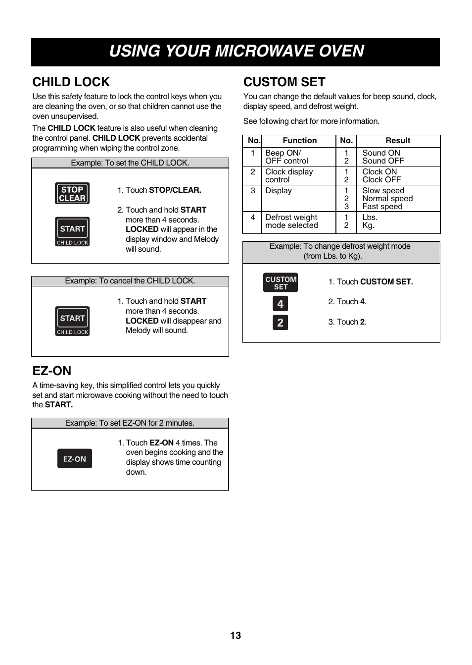 Using your microwave oven, Child lock, Ez-on | Custom set | LG LMVM2277ST User Manual | Page 13 / 36