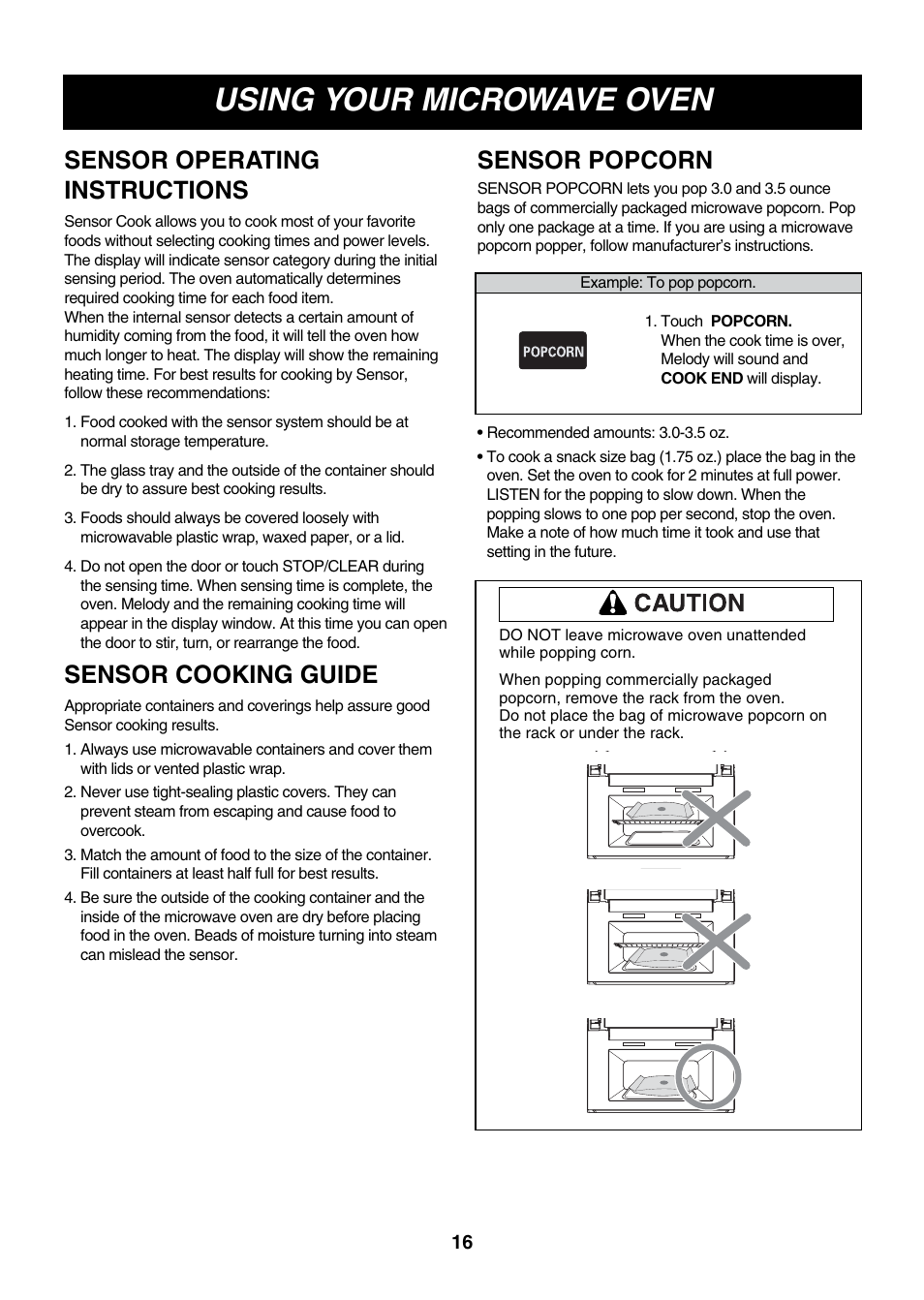 Using your microwave oven, Sensor popcorn sensor operating instructions, Sensor cooking guide | LG LMVM2277ST User Manual | Page 16 / 36