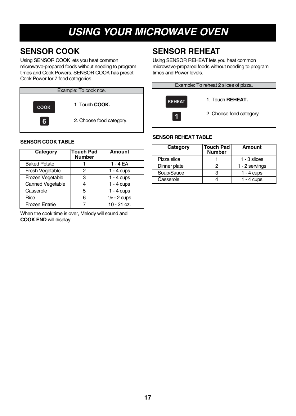 Using your microwave oven, Sensor cook, Sensor reheat | LG LMVM2277ST User Manual | Page 17 / 36