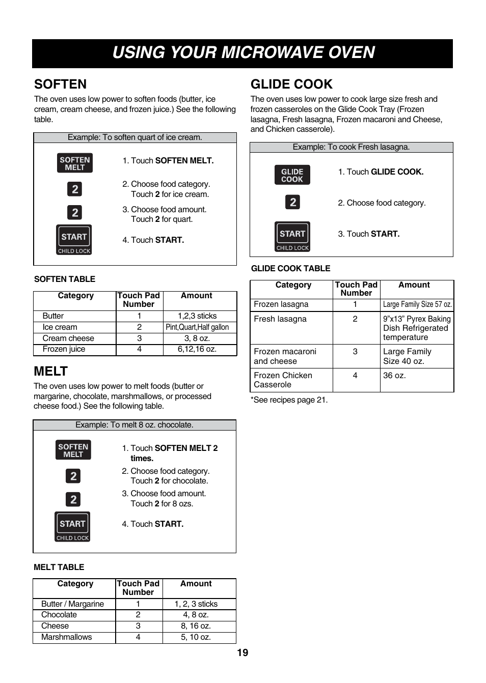 Using your microwave oven, Soften, Melt | Glide cook | LG LMVM2277ST User Manual | Page 19 / 36