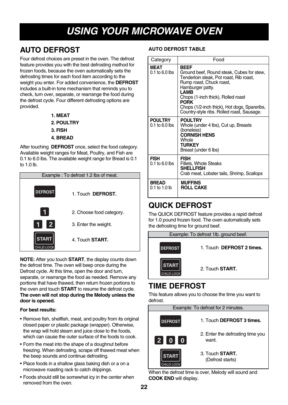 Using your microwave oven, Auto defrost, Quick defrost | Time defrost | LG LMVM2277ST User Manual | Page 22 / 36
