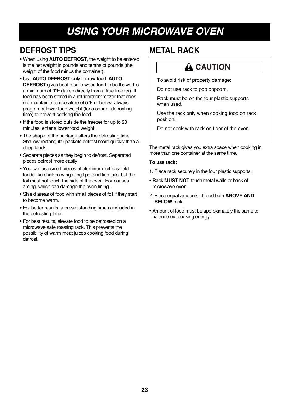 Using your microwave oven, Metal rack, Defrost tips | LG LMVM2277ST User Manual | Page 23 / 36