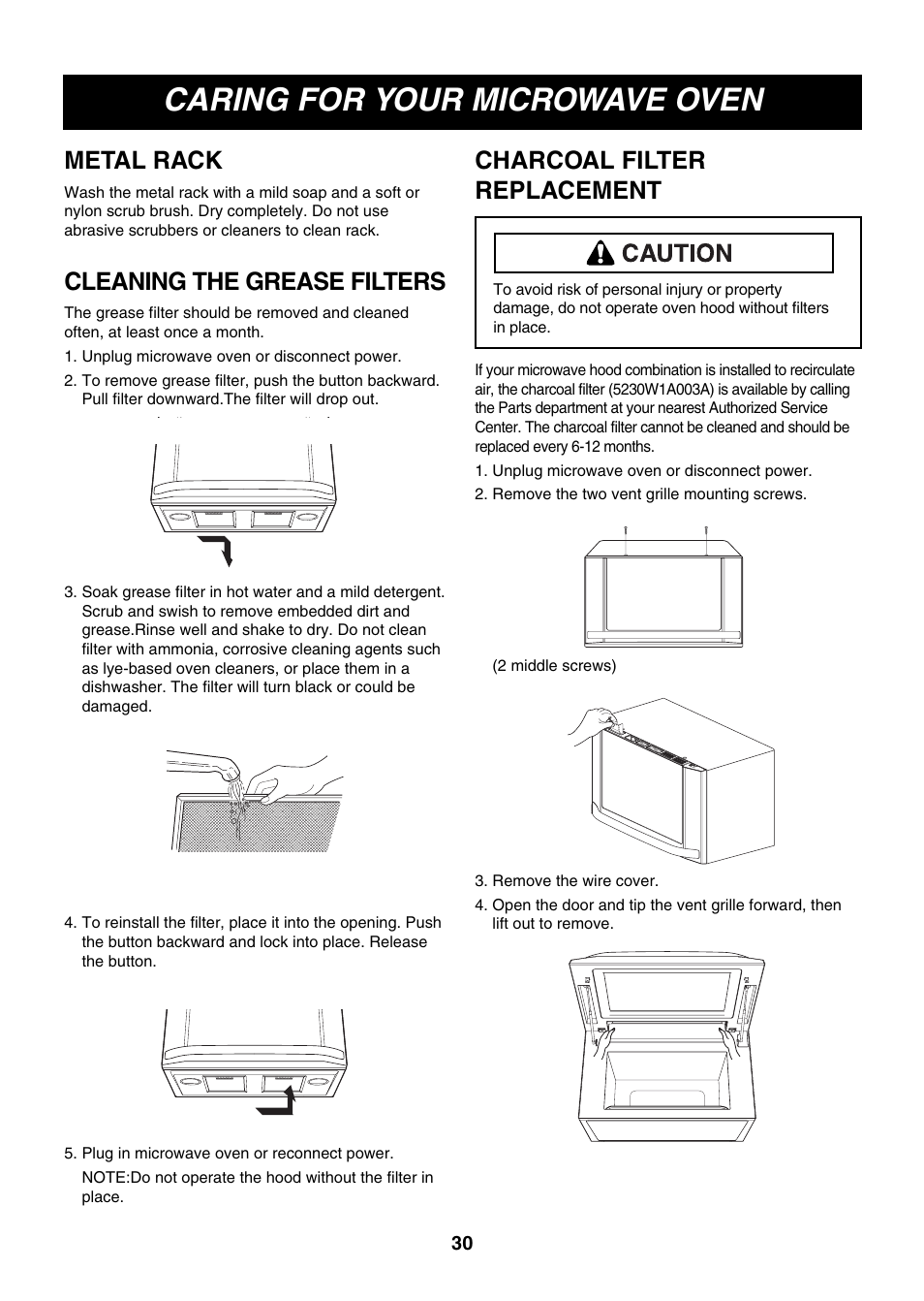 Caring for your microwave oven, Metal rack, Cleaning the grease filters | Charcoal filter replacement | LG LMVM2277ST User Manual | Page 30 / 36