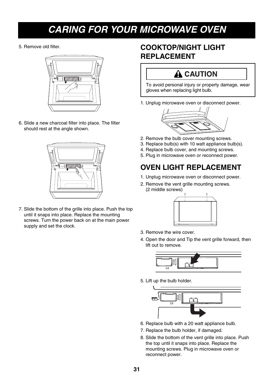 Caring for your microwave oven, Cooktop/night light replacement, Oven light replacement | LG LMVM2277ST User Manual | Page 31 / 36