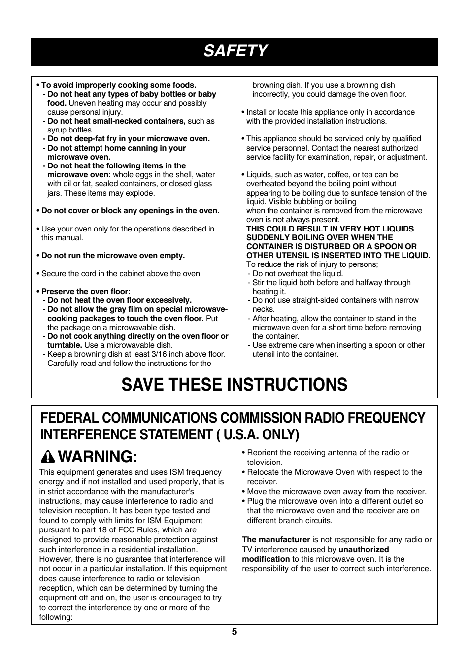 Save these instructions, Safety, Warning | LG LMVM2277ST User Manual | Page 5 / 36
