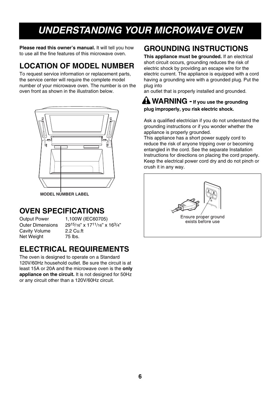 Understanding your microwave oven, Location of model number, Oven specifications | Electrical requirements, Grounding instructions, Warning | LG LMVM2277ST User Manual | Page 6 / 36