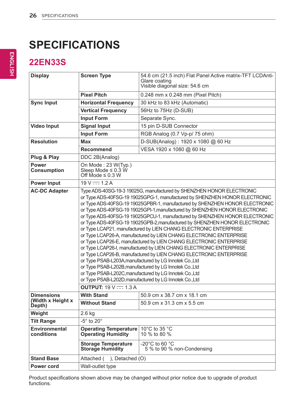 22en33s, Specifications, 24 22en33s | LG 19EN33SA User Manual | Page 26 / 31