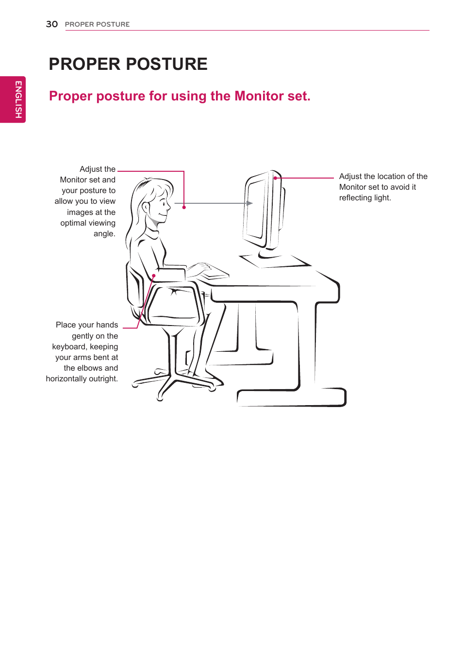 Proper posture, Proper posture for using the monitor set | LG 19EN33SA User Manual | Page 30 / 31