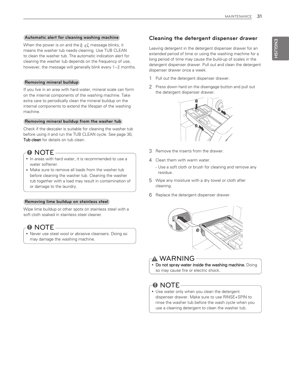 Warning, Cleaning the detergent dispenser drawer | LG WM8000HWA User Manual | Page 31 / 80
