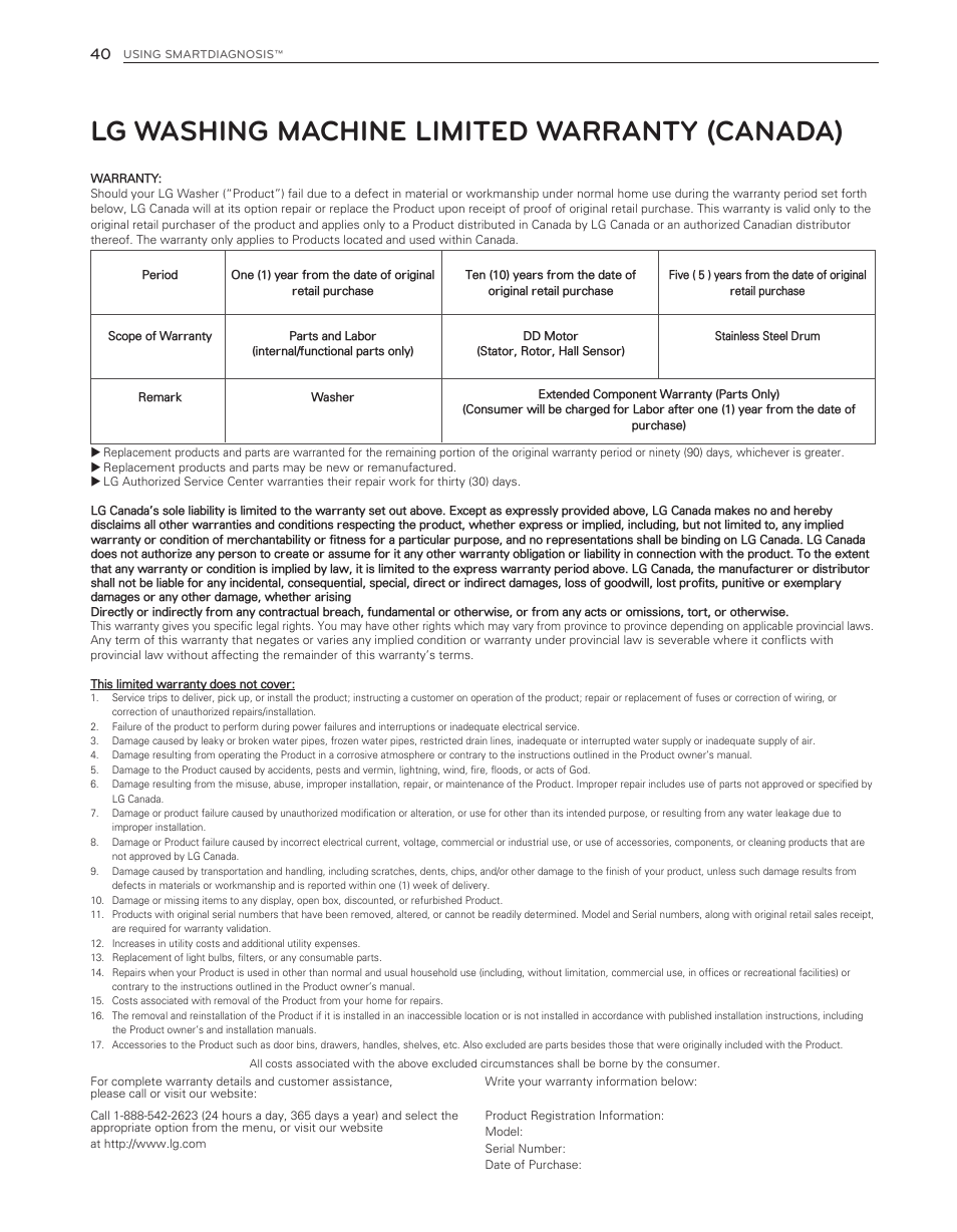 Lg washing machine limited warranty (canada) | LG WM8000HWA User Manual | Page 40 / 80